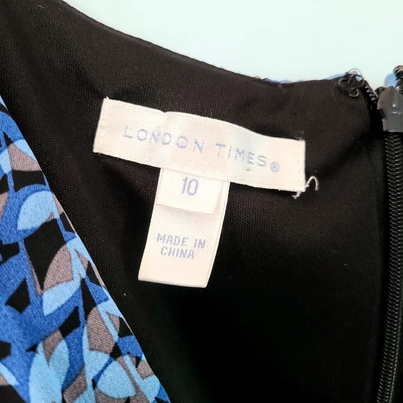 London Times Blue & Tan Sheer Ruffled Skirt V-Neck Sleeveless Midi Dress Size 10 - Picture 3 of 7